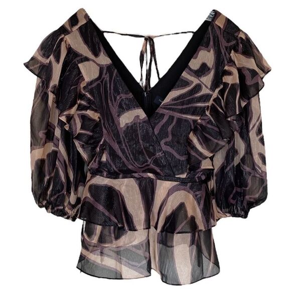 Ted Baker Jasmyna Metallic Purple Tiered Ruffled Puff Sleeve Top NWT Size 0/US 2 - Picture 3 of 7